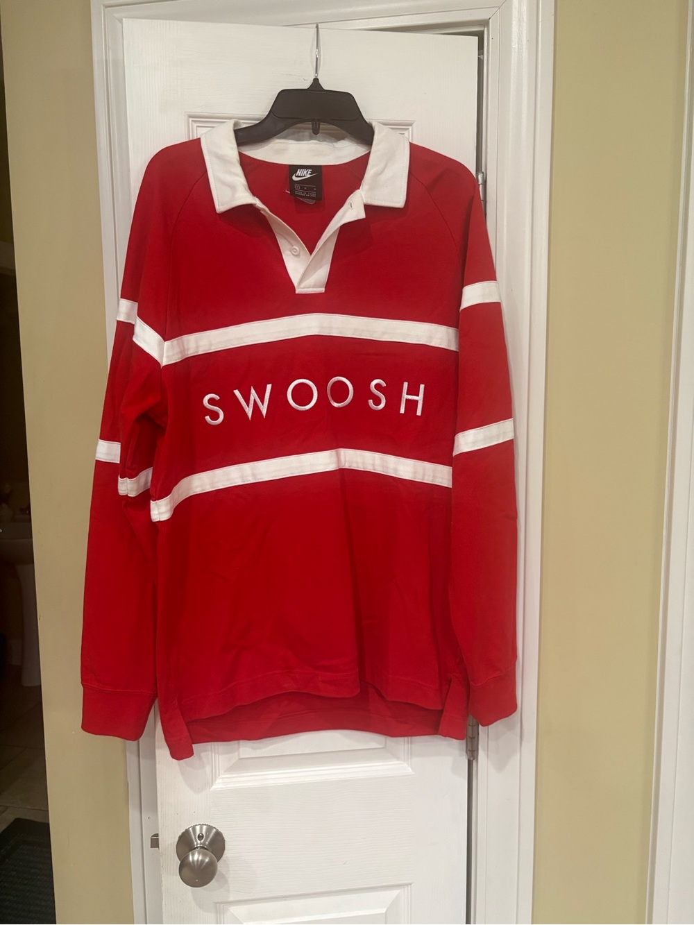 Nike Red V-Neck Rugby Polo with White Stripes and SWOOSH Chest